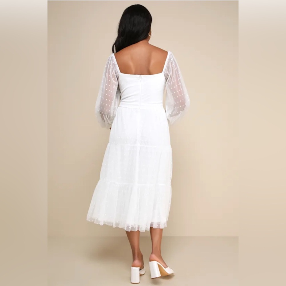 NWT Lulus White Long Sleeve Tiered Dress with Sheer Polka Dot Sleeves | Size XS - Picture 2 of 11